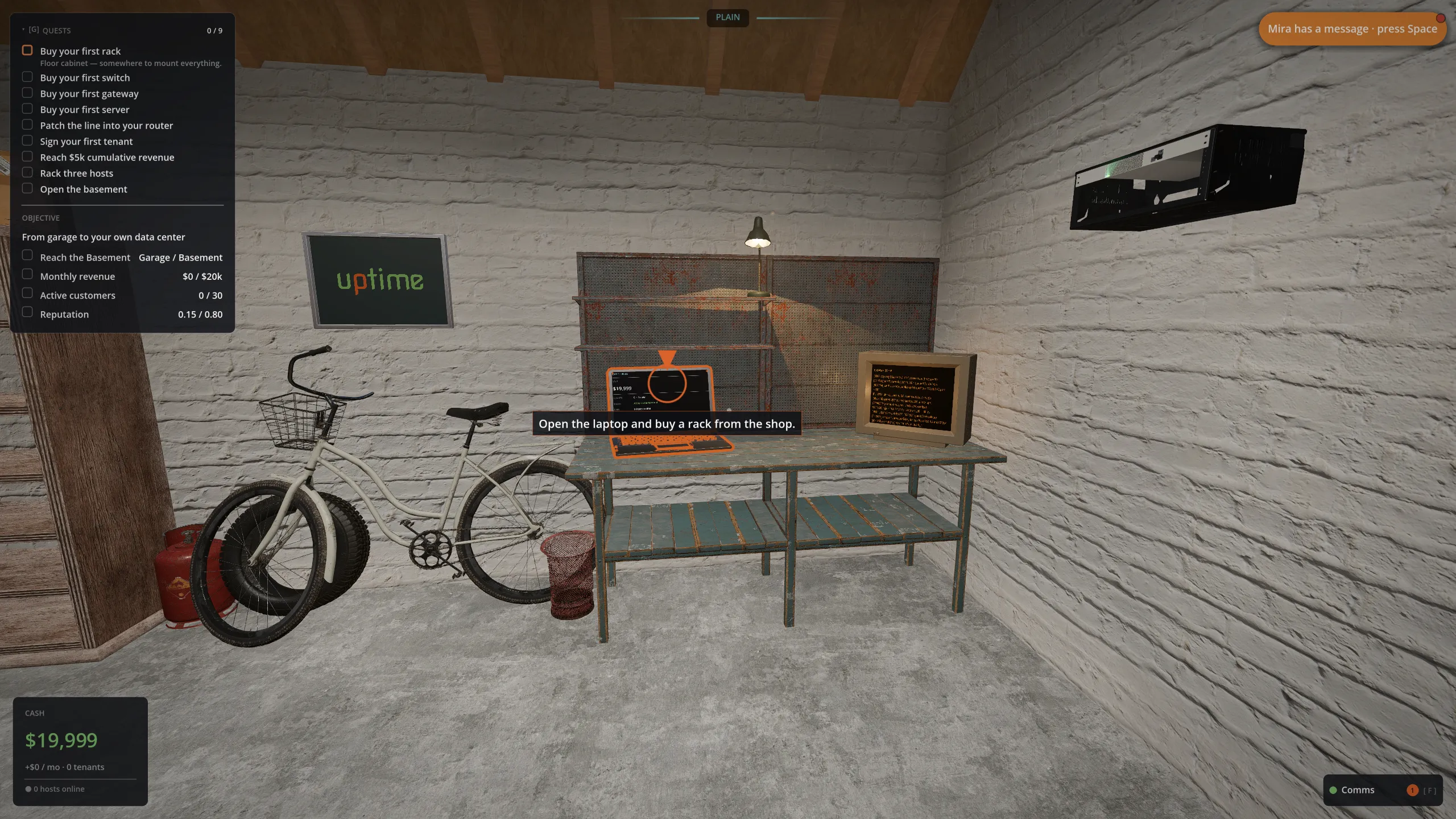 The garage at cold open: delivery box, workbench with laptop, fibre line on the wall