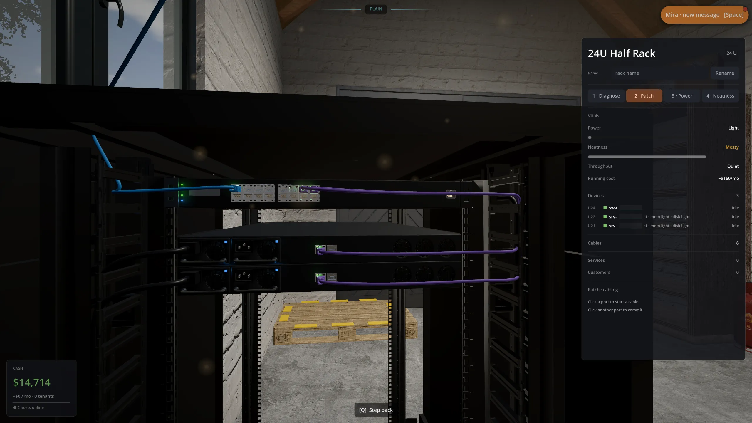 Back of the 24U half rack: a switch at the top, two servers below, purple patch cables to each, the blue uplink in from the wall rack, power cords fitted